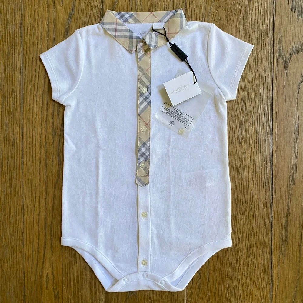 Burberry White Tannar Check-Placket Boys Jersey Playsuit 12M 73/48 New with Tags